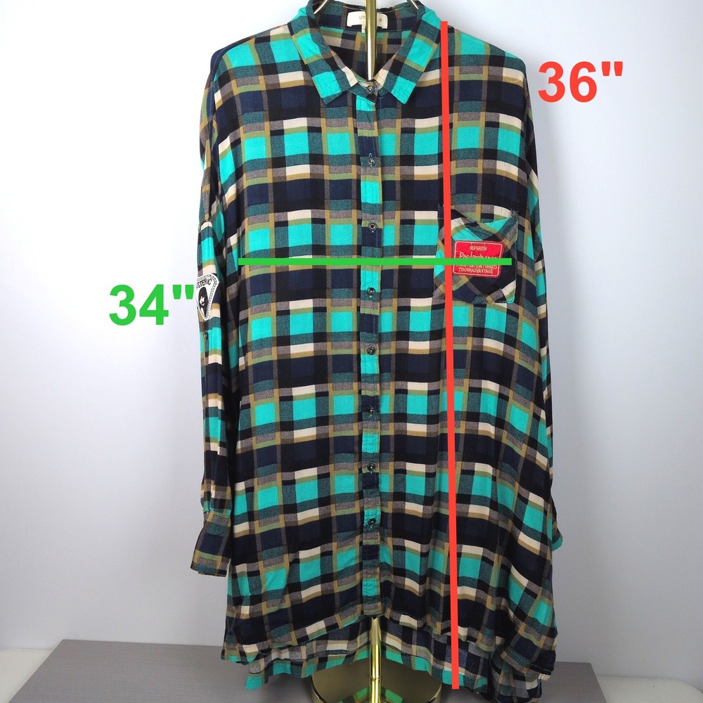 Umgee Women 1XL Tunic Shirt Teal Navy Plaid Oversized Patch High Low WA9865 - Picture 2 of 12